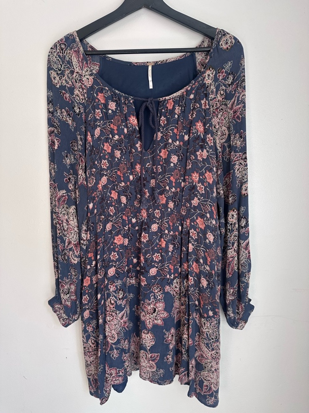 Free People Fall Blue and Dusty Pink Floral Lucky Loosey Dress, Small